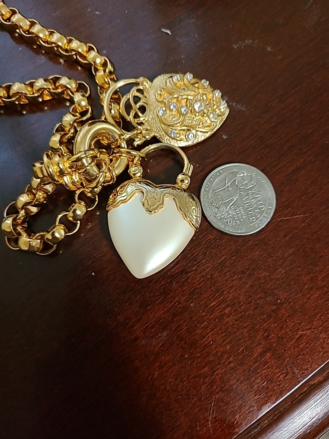 Signed Joan Rivers Chunky Rolo Chain 2 Heart Charm Pendant Necklace Joan Rivers