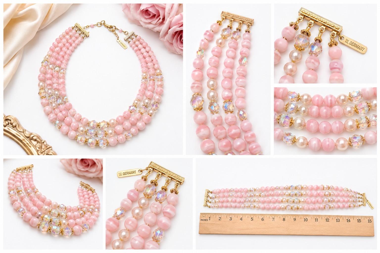 Vintage W. Germany 4 Strand Pink Glass AB Crystal Faux Pearl Choker Necklace