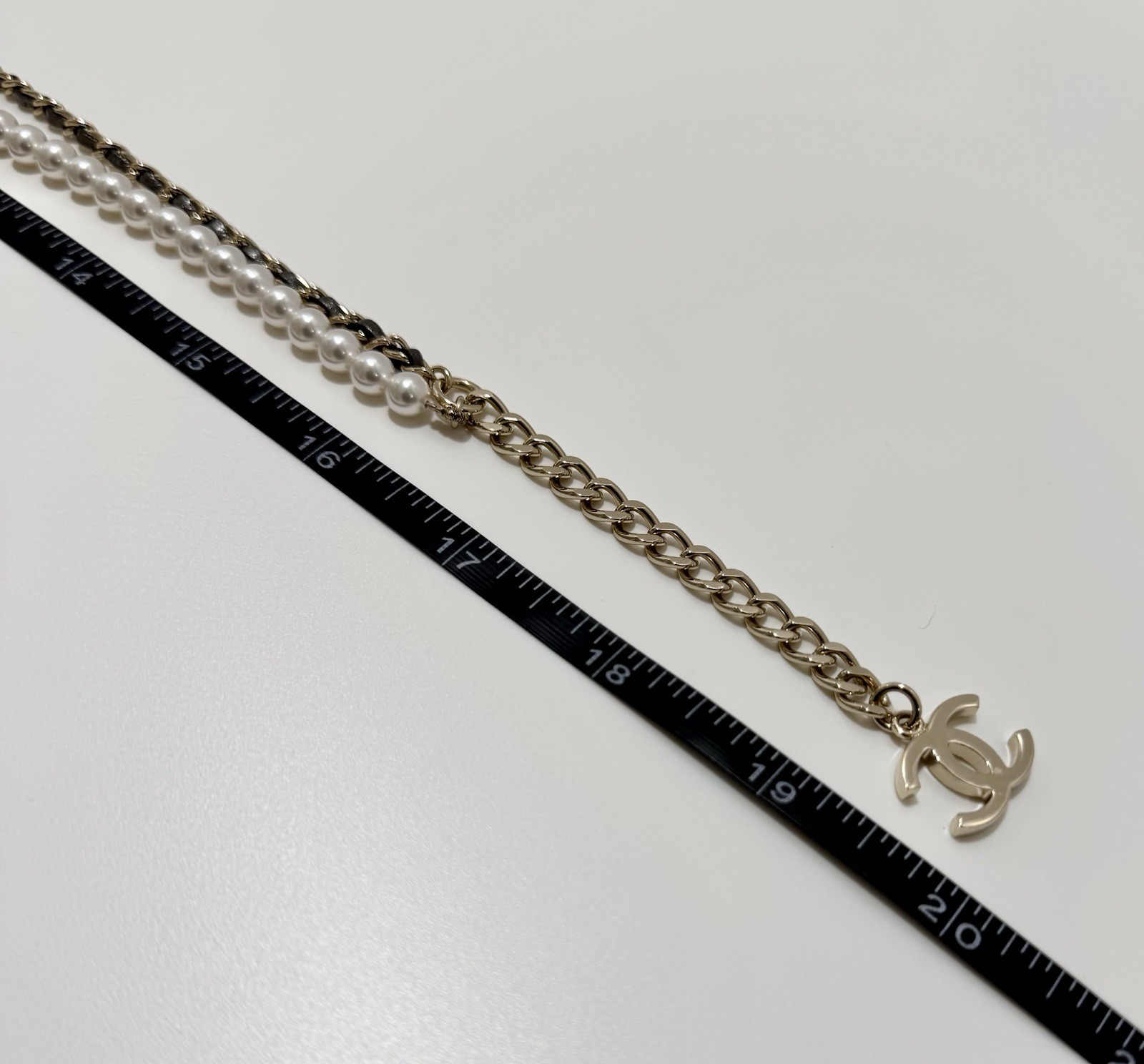 Chanel Pearl Crystal CC Necklace Bronze Leather 23P Adjustable Light Gold Chain