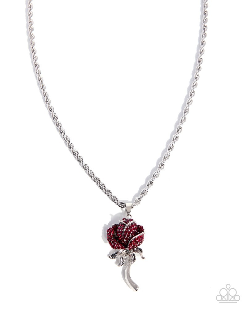 Paparazzi Beauty and the BLING – Red – Red Rhinestones – Silver Rose -Necklace &