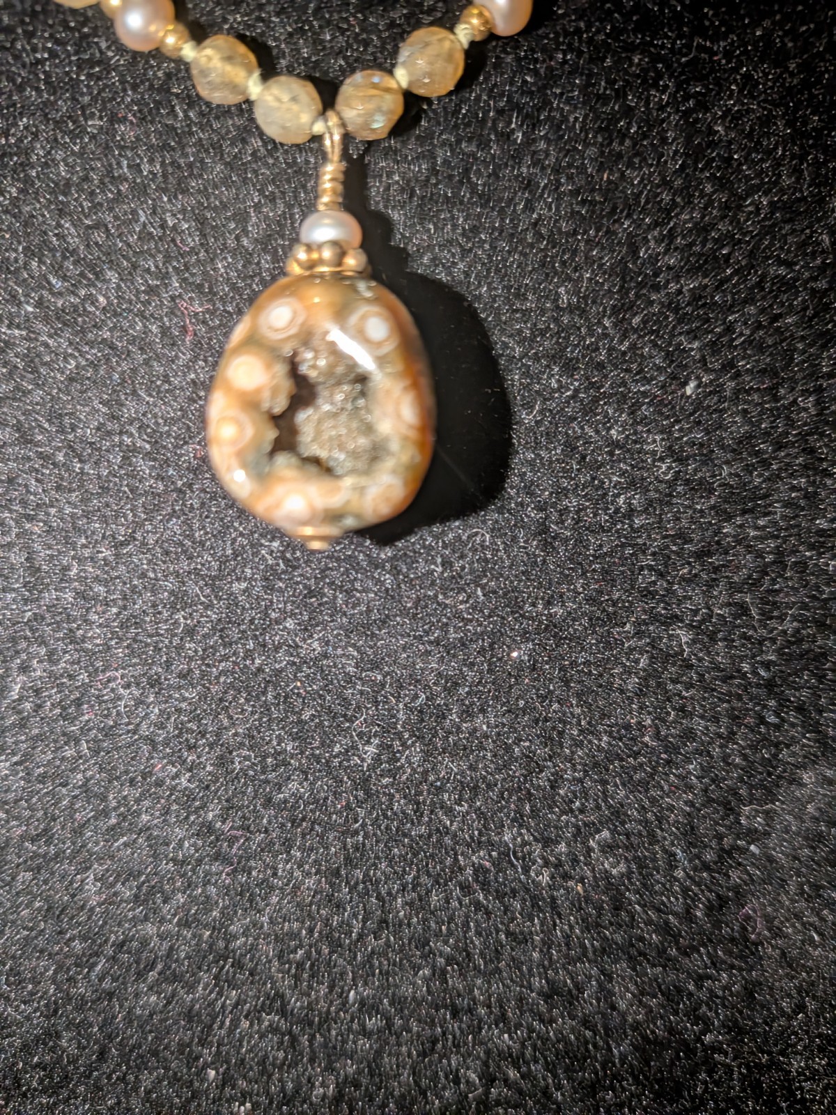 Brown Oval Stone Pendant Beaded Ball/Bead Chain Necklace Undated Era