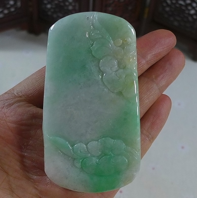 Cer’d Natural Type A Green Jadeite Jade Peaceful Kwan-yin Flower Pendant 9407