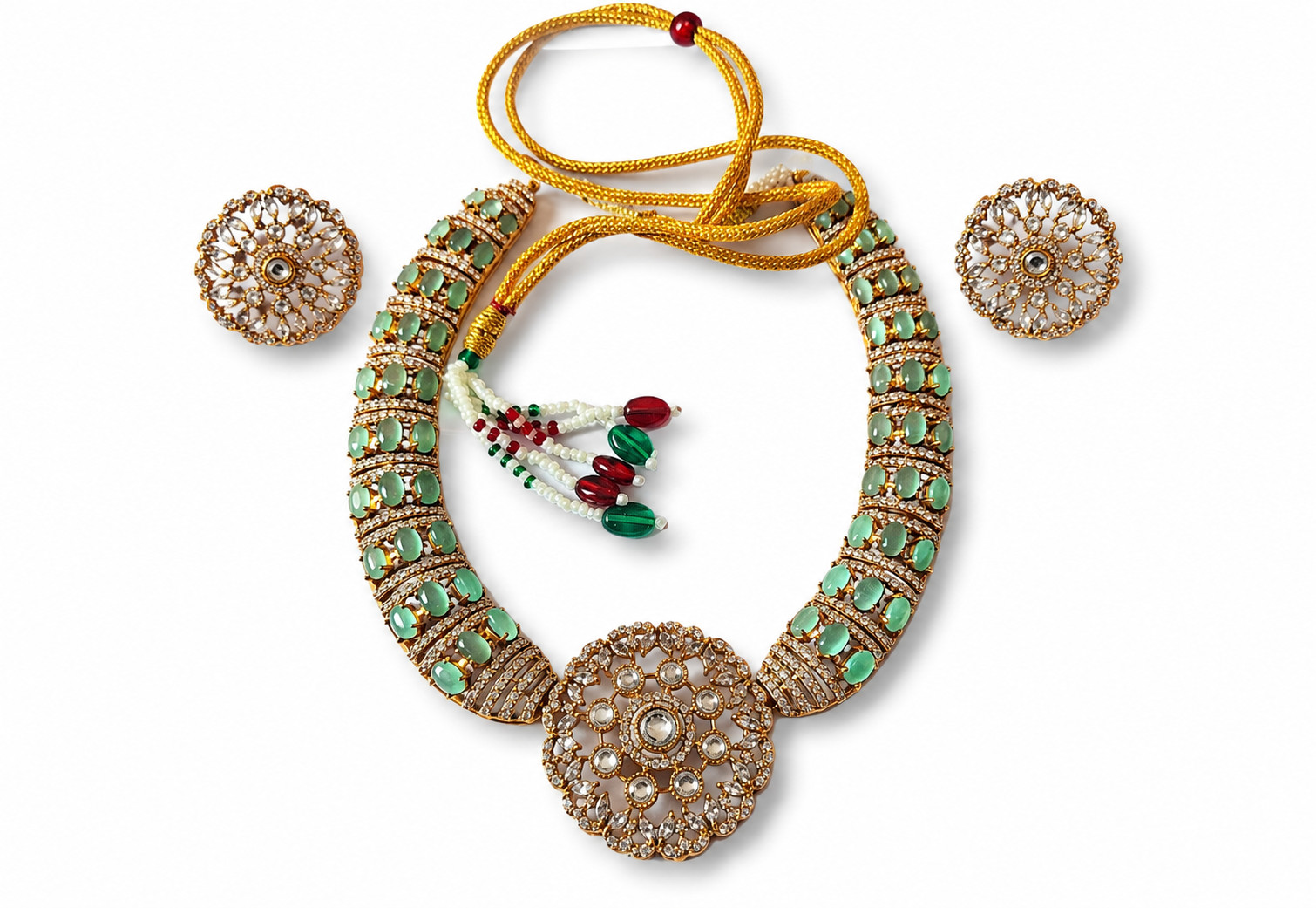 Indian Kundan Necklace Set Green Pendant Earrings Gold Plated Bridal Jewelry 102