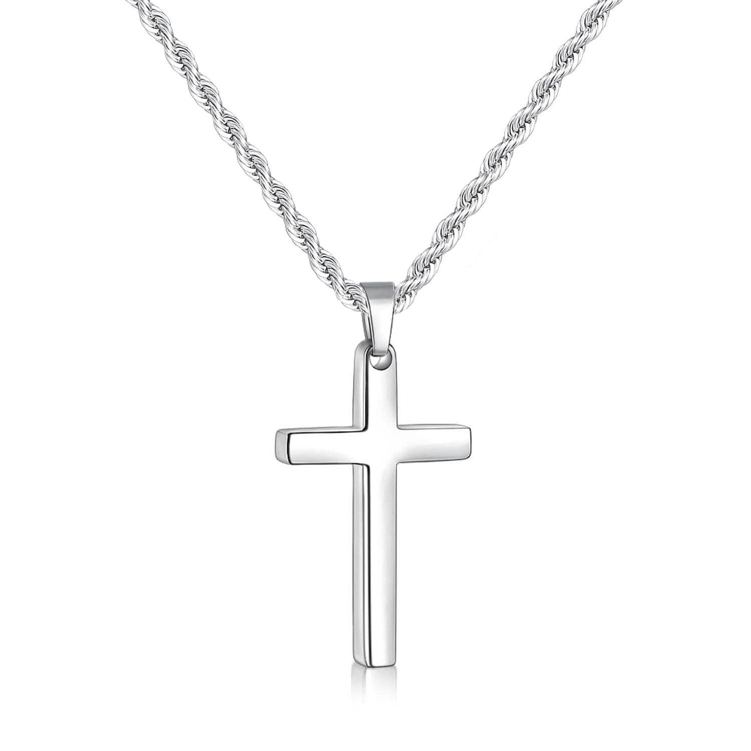 Men’s Cross Necklace with 2.5mm Rope Chain, 18-24 Inch Stainless Steel Pendant