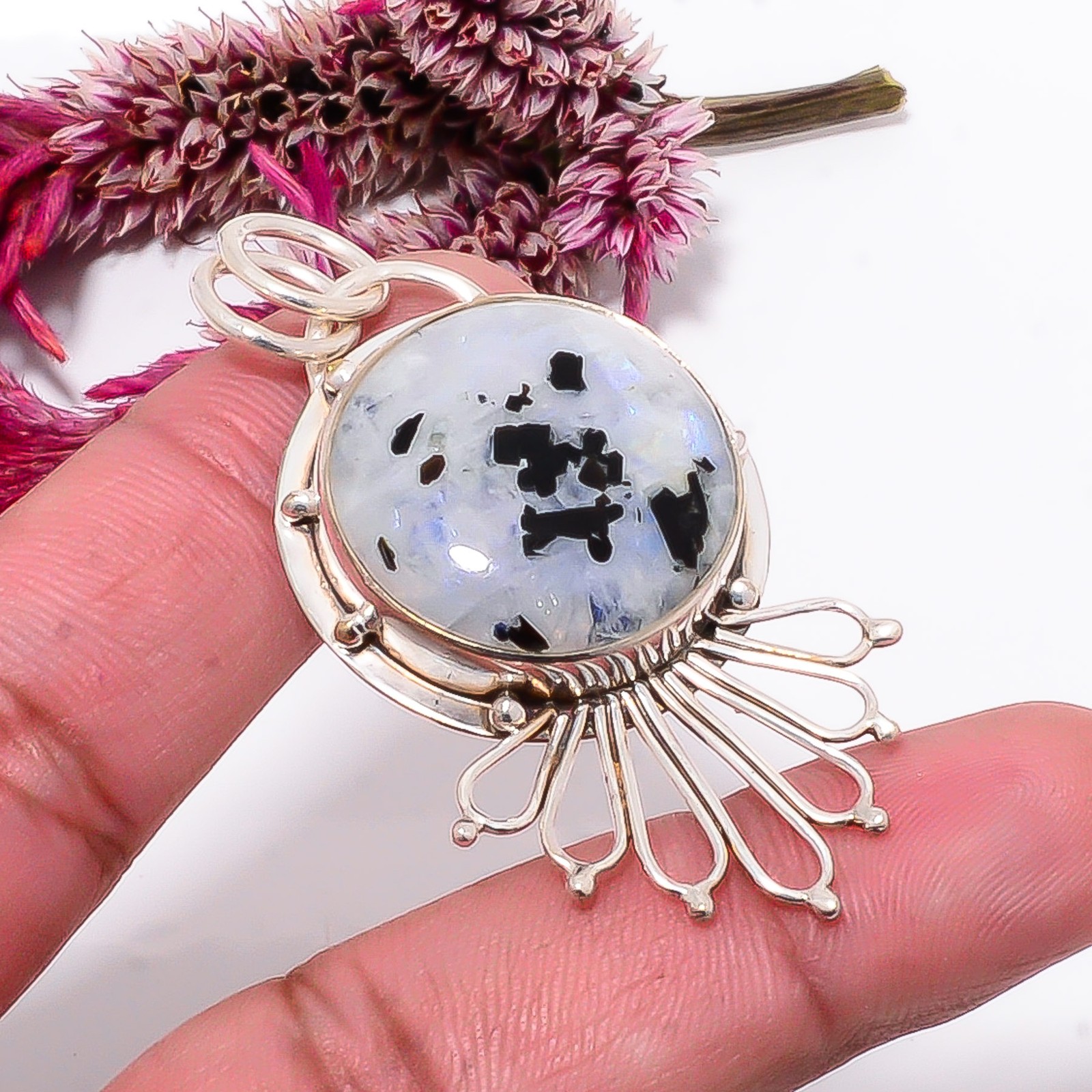 Rainbow Moonstone Designer Handmade 925 Sterling Silver Pendant 2.15″ Sku24