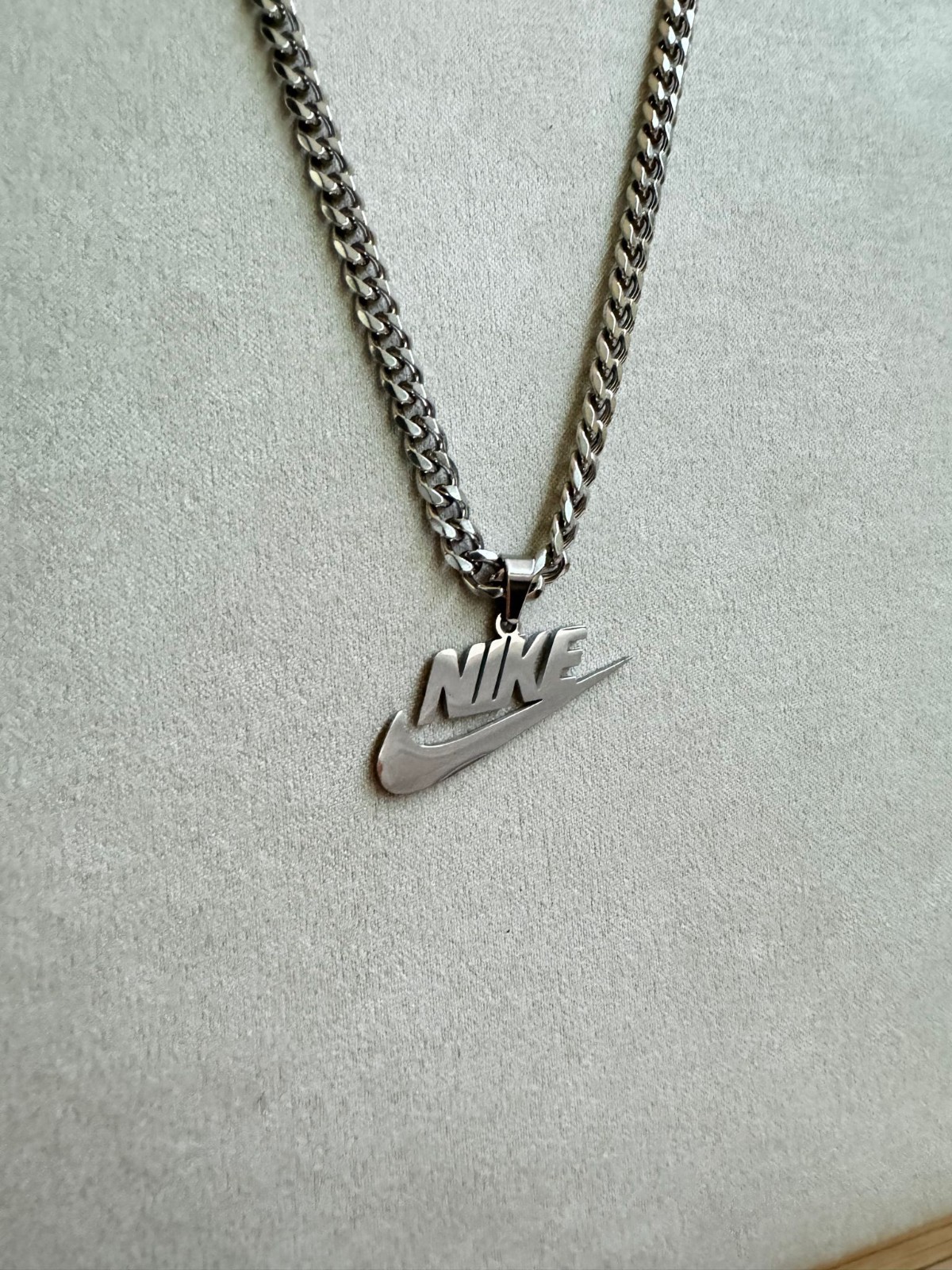 22” Nike Swoosh Pendant + 5mm Cuban Necklace – Silver Plated Stainless Steel
