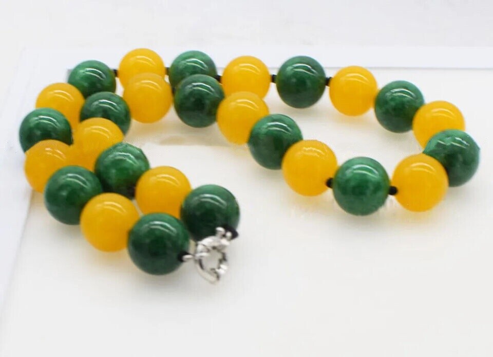 Huge 20mm Natural Yellow Topaz Green Jade Jadeite Round Gemstone Beads Necklace