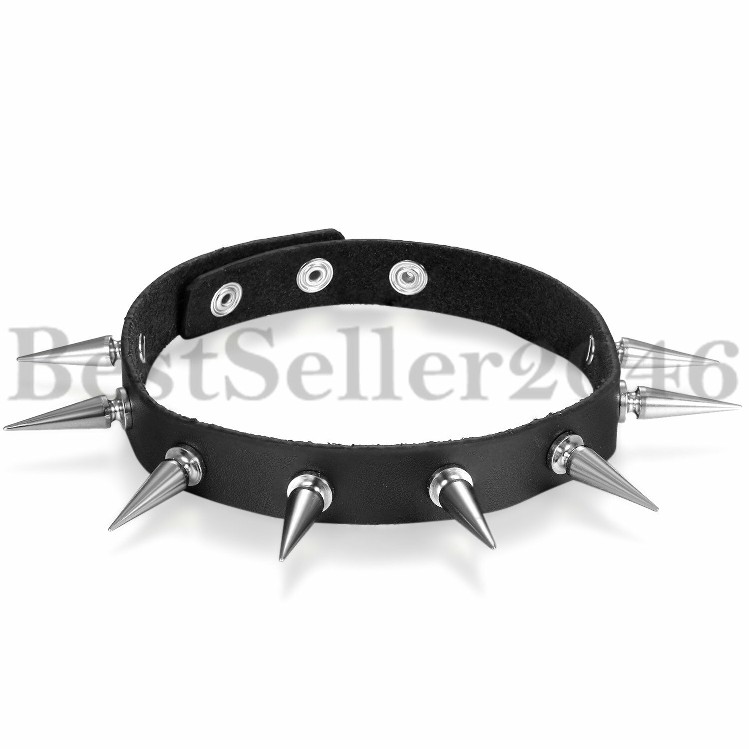 Punk Gothic Long Spike Stud Belt Black Faux Leather Snap Choker Collar Necklace