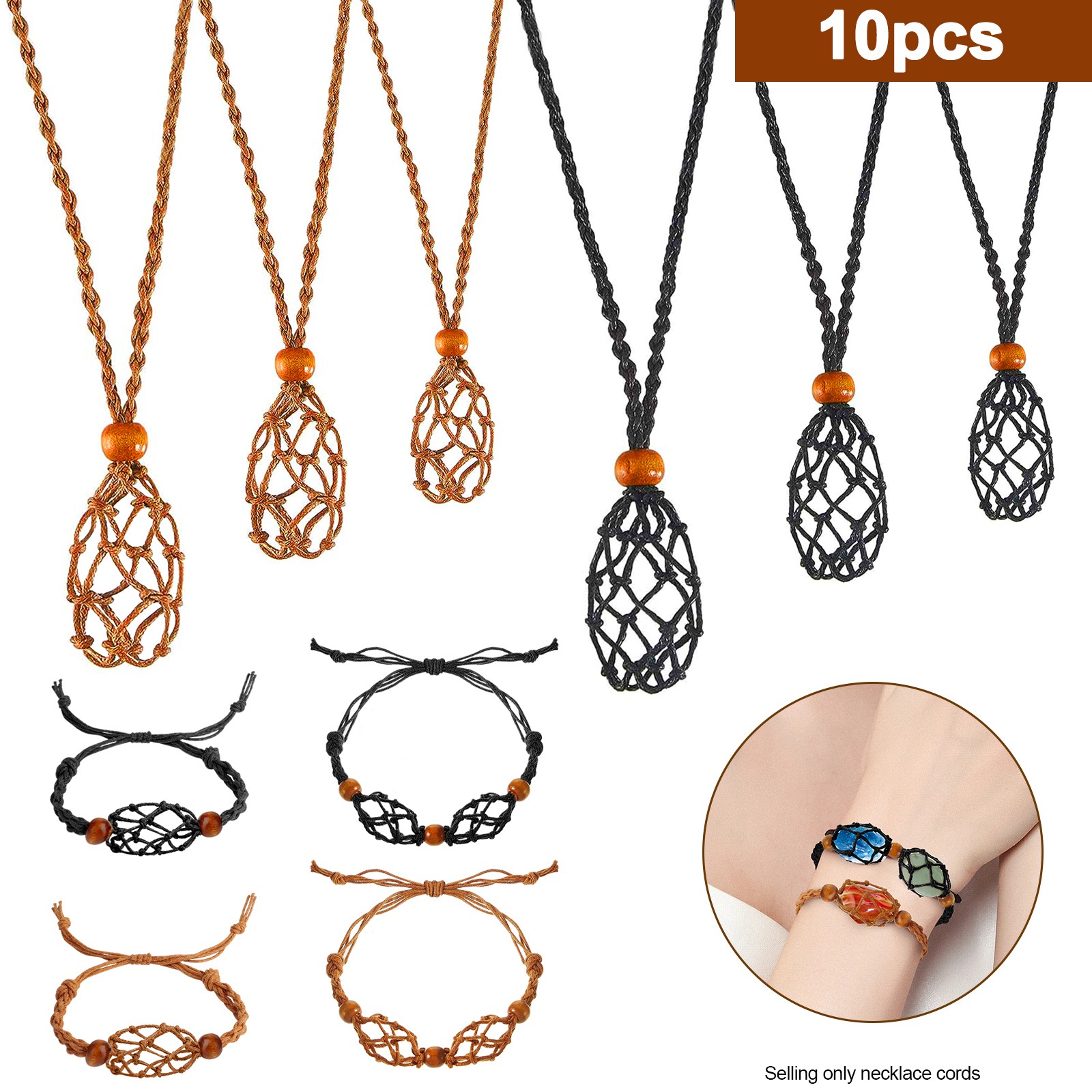 10X Crystal Holder Necklace Bracelet Set Adjustable Stone Cage Cord DIY Jewelry