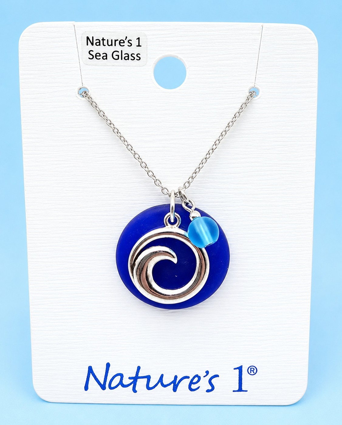 Nature’s 1 Sea Glass Wave Pendant Necklace Blue Silver Tone SGP224 NWT -3440