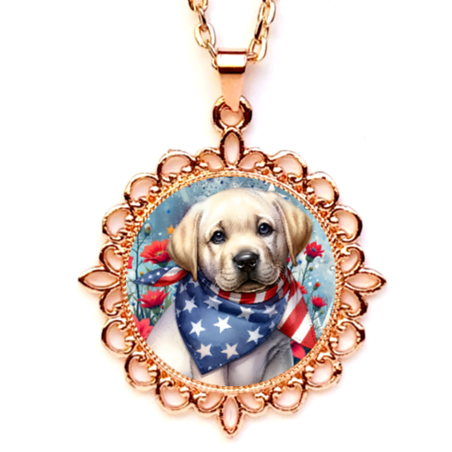 Patriotic Puppy Dog 4th Of July Bezel Pendant Silver Gold Rose Gold Tone USA