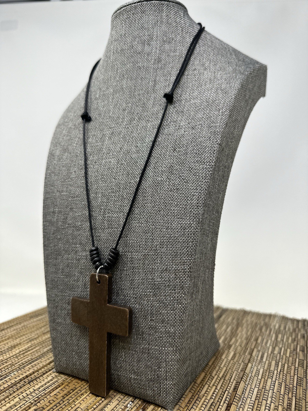 Wooden Cross Necklace 3in Brown Pendant Adjustable 16‑30in Sliding Knots Unisex