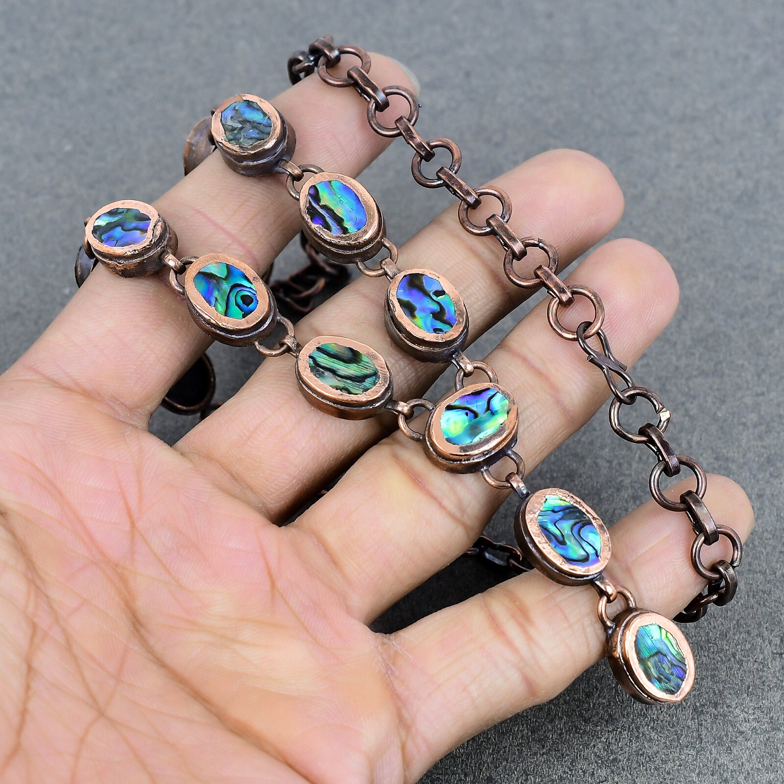 Copper Oval Abalone Shell Gemstone Chain Bezel Electroformed Necklace Jewelry