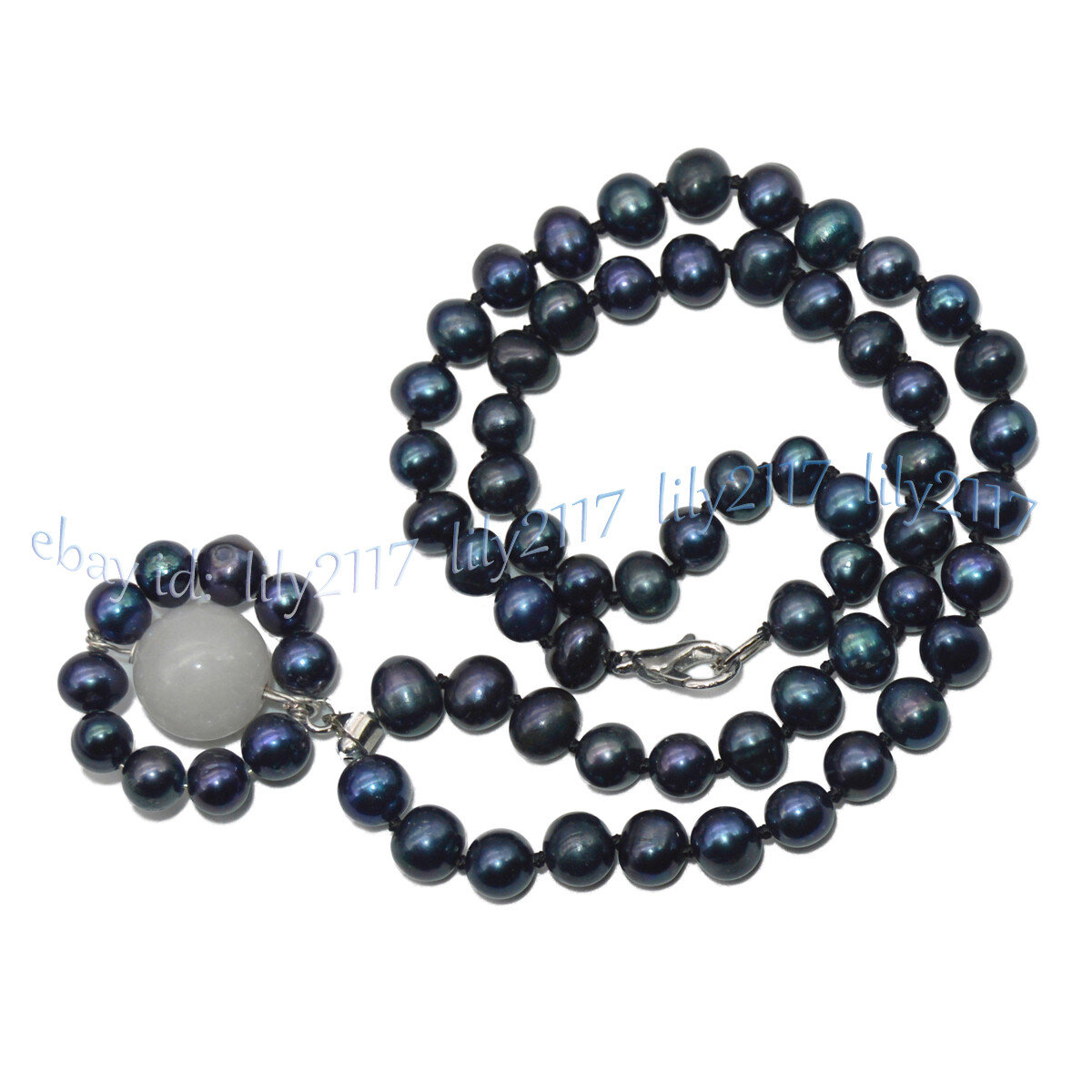 Natural 6-7mm Black Freshwater Pearl Round White Jade Gems Pendant Necklace 18”