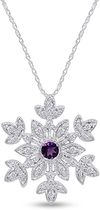 Snowflake Pendant 18″ Necklace Round Simulated Birthstone 14K White Gold Plated