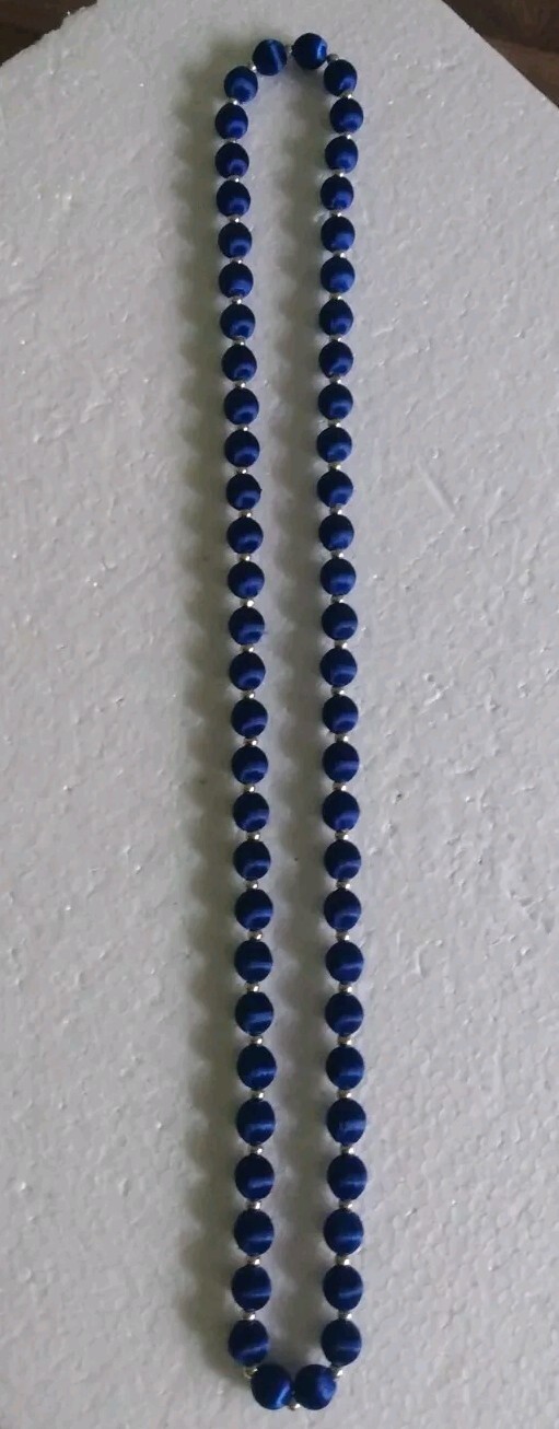 3 Necklaces Made W/ Silk Satin Thread Over Round Beads 28″ In Teal, Navy & Brown