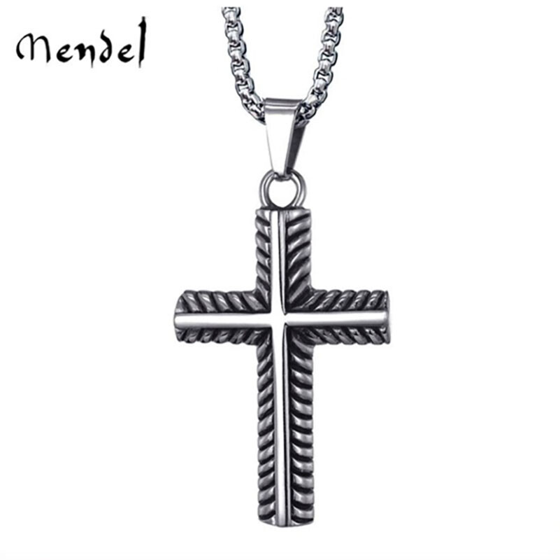 MENDEL Stainless Steel Mens Boys Christian Small Cross Pendant Necklace For Men