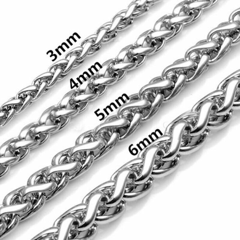 2.5/3/4/5/6MM 20-32″ MEN’s Silver Stainless Steel Wheat Braided Chain Necklace