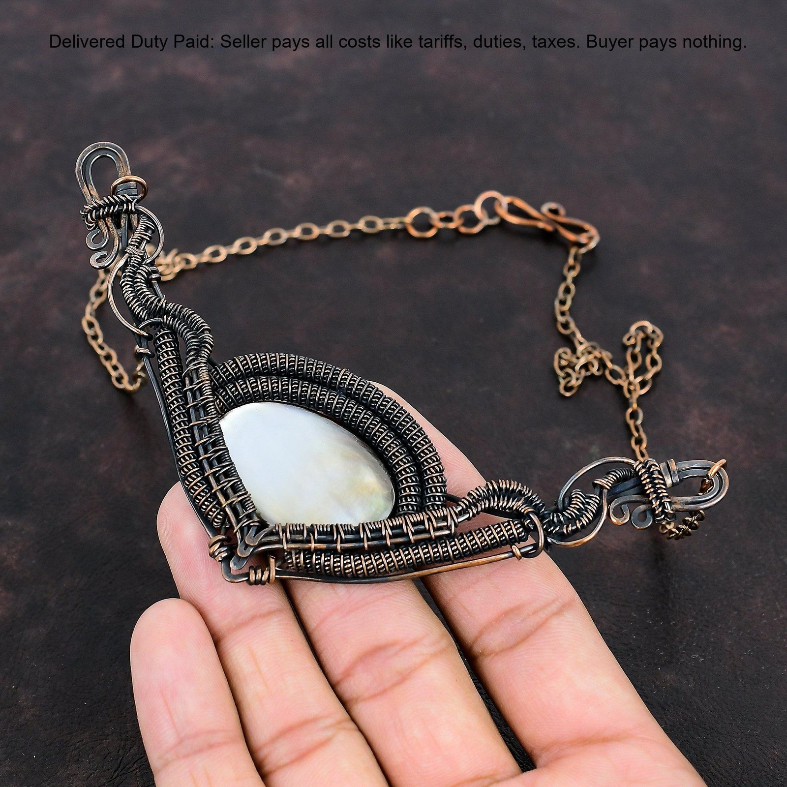 Mother Of Pearl Stone Copper June Birth Chain Wife Wire Wrapped Wedding Necklace