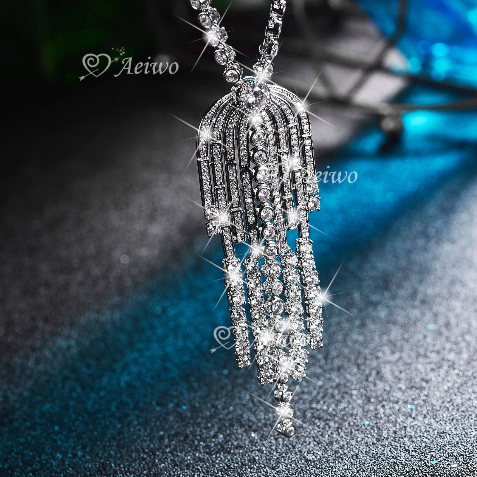 18K WHITE GOLD FILLED SIMULATED DIAMOND WEDDING PARTY NECKLACE LUXURY TASSEL