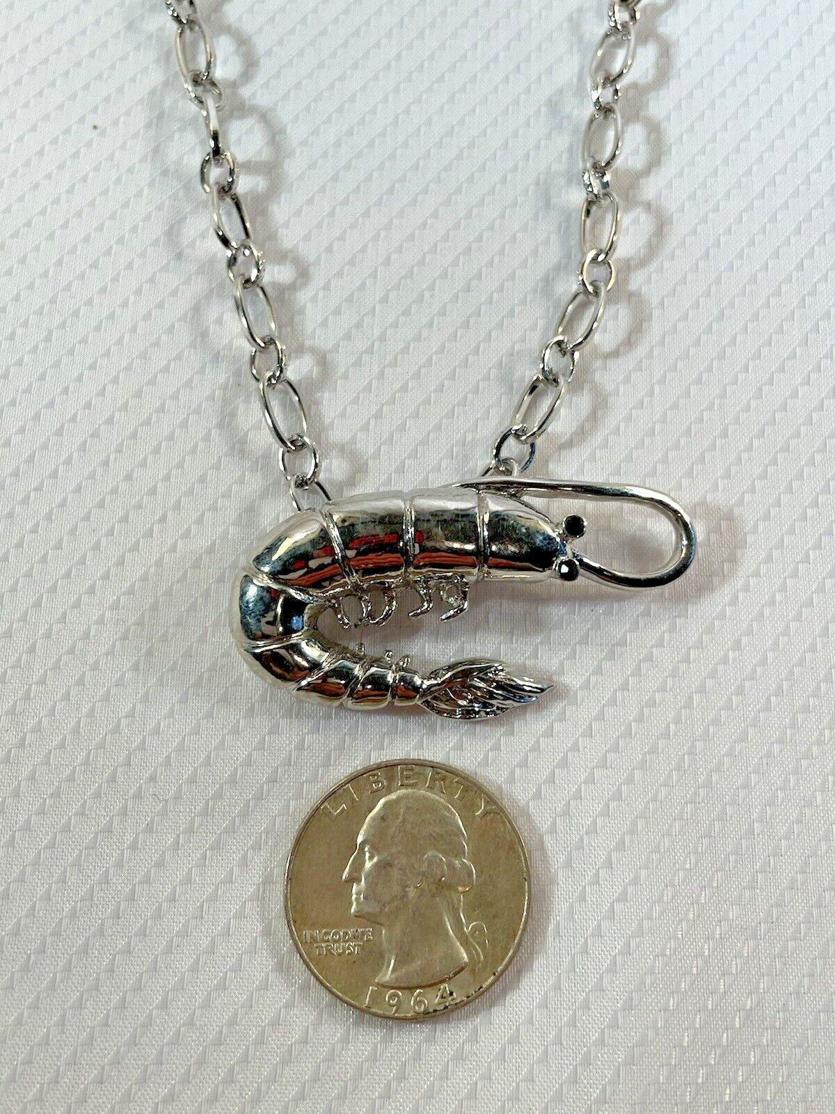 Shrimp Silver Long Necklace Stainless 30” Chain Coastal Sea Life Jewelry NEW