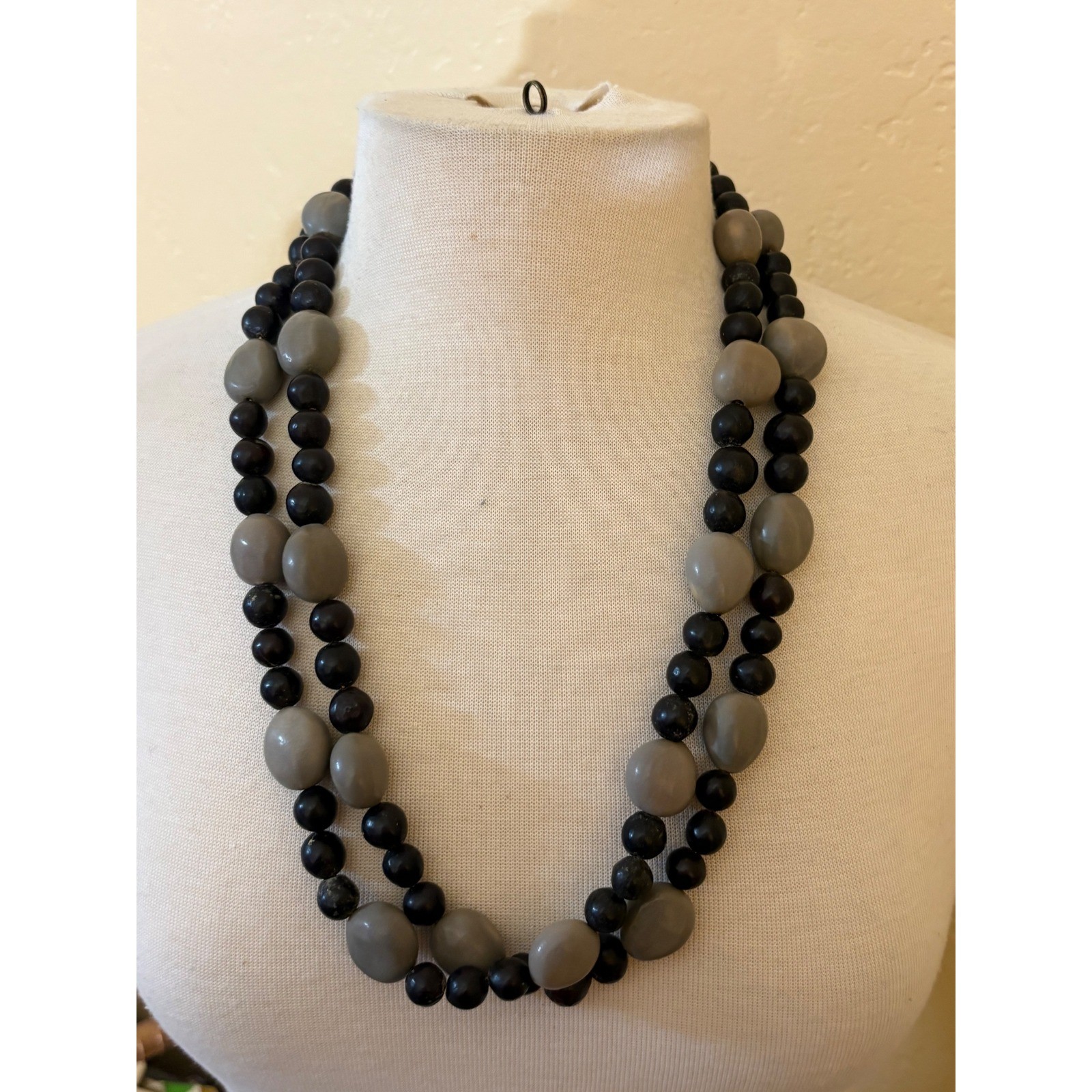 Vintage Black and Grey Organic Seed Bead Double Strand Long Necklace