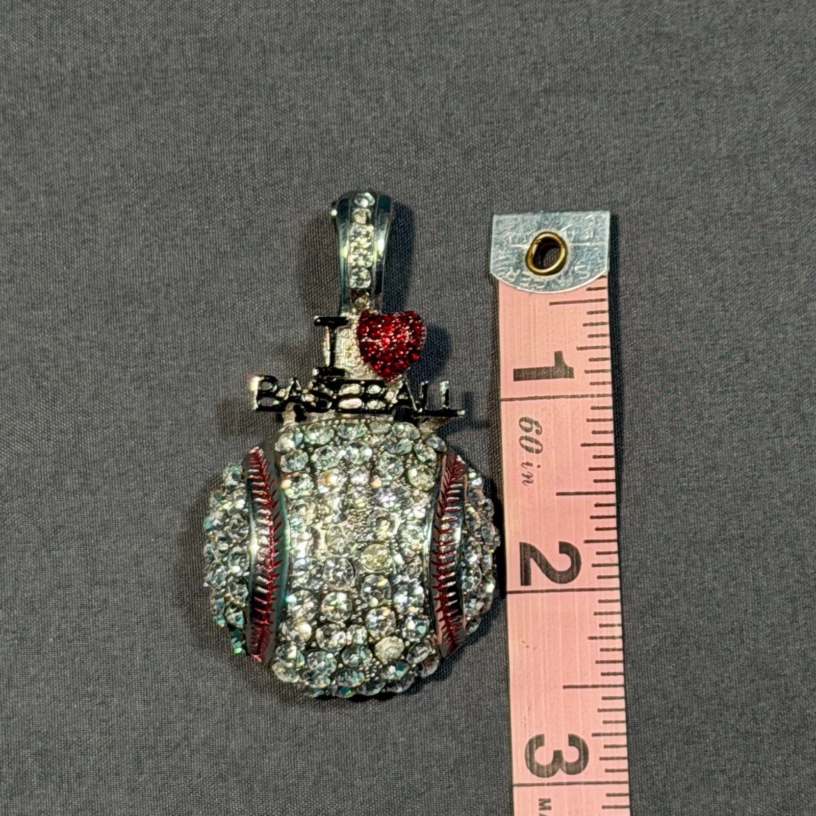 I Love Baseball Rhinestone Pendant Red Heart Crystal Silver Tone Sports Charm