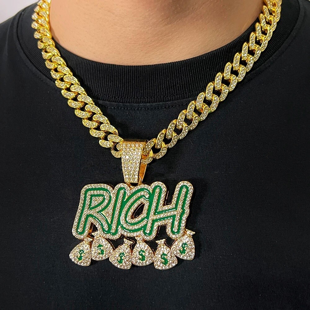 Hip Hop Iced Bling RICH Pendant Necklace Miami Cuban Chain Men’s Fashion Jewelry