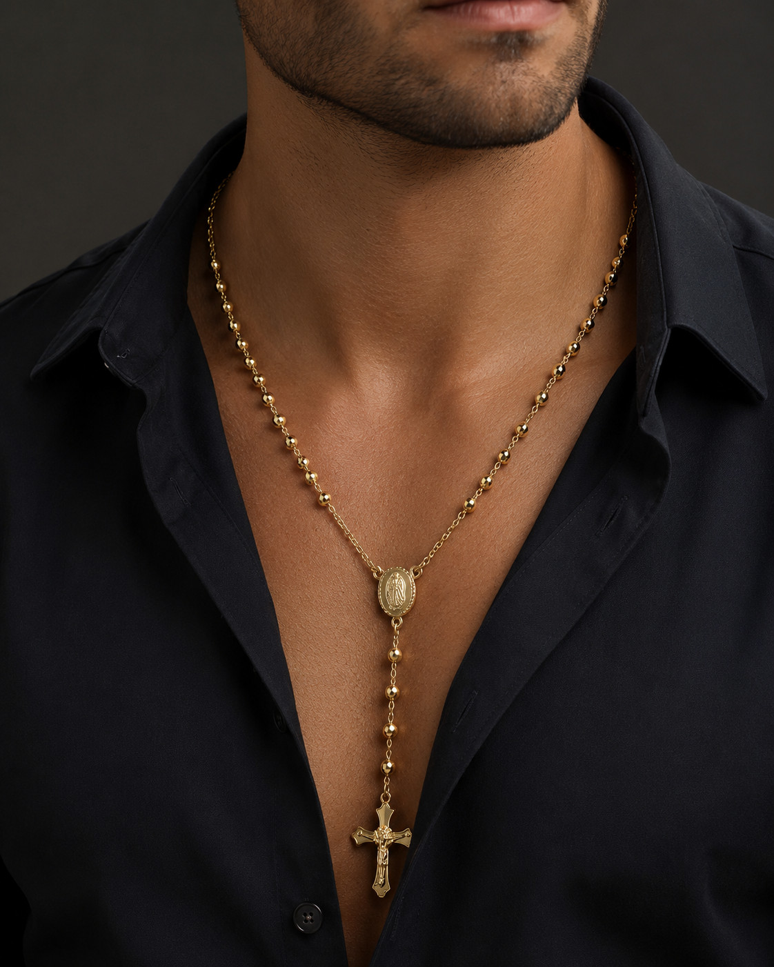 HEIRLOOM 18K GOLD PLATED ROSARY | RARE 24″ CRUCIFIX & VIRGIN MARY BEADED CHAIN