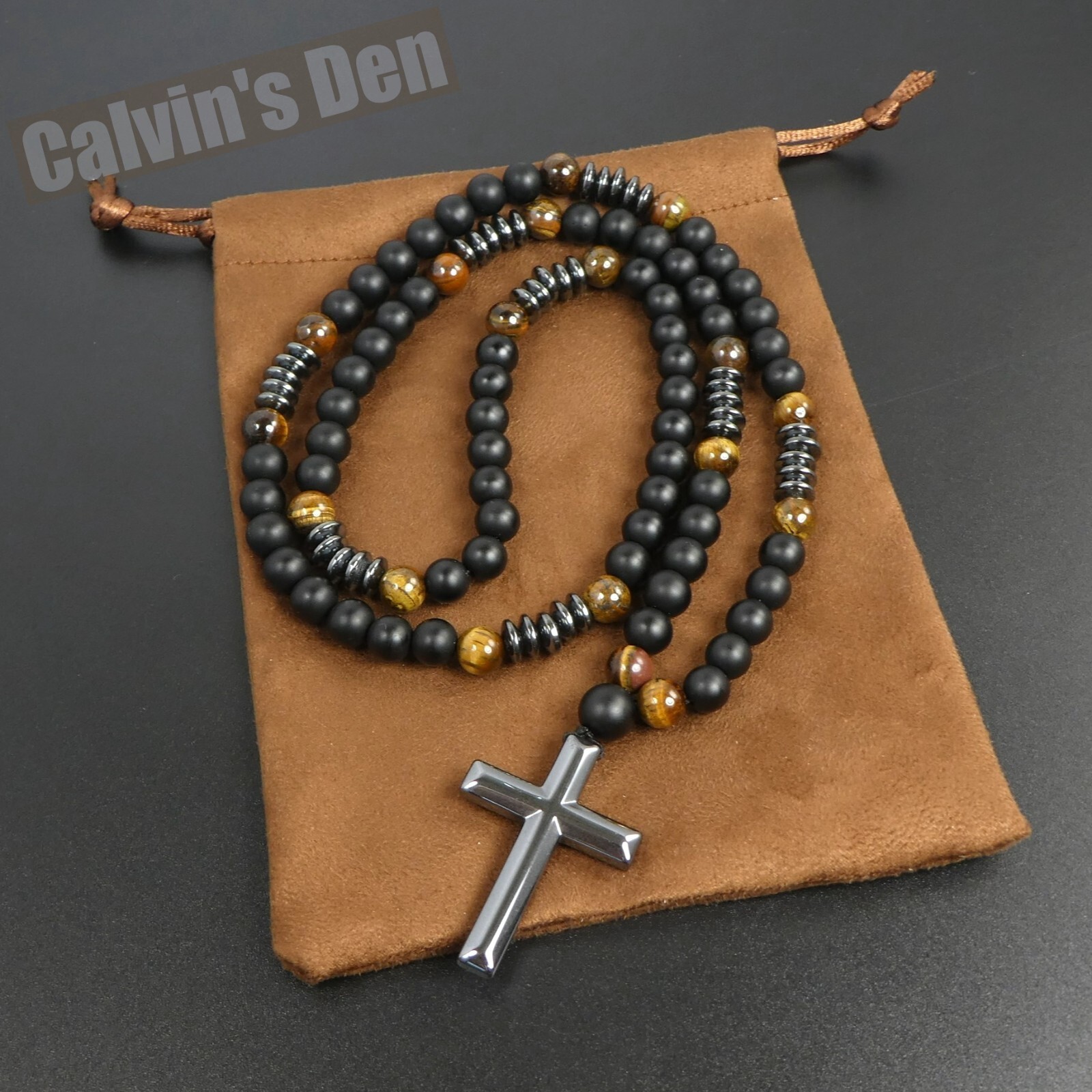 Black Obsidian Tiger Eye Black Hematite Cross Pendant Necklace Men Women Gift