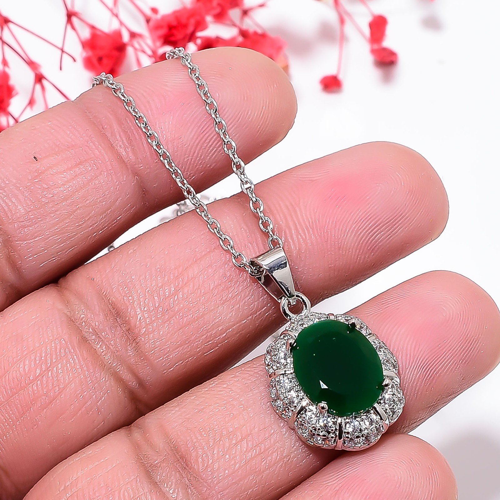 Emerald Simulated & Cz 925 Sterling Silver Pendant With Chain 18-20″ CP153930