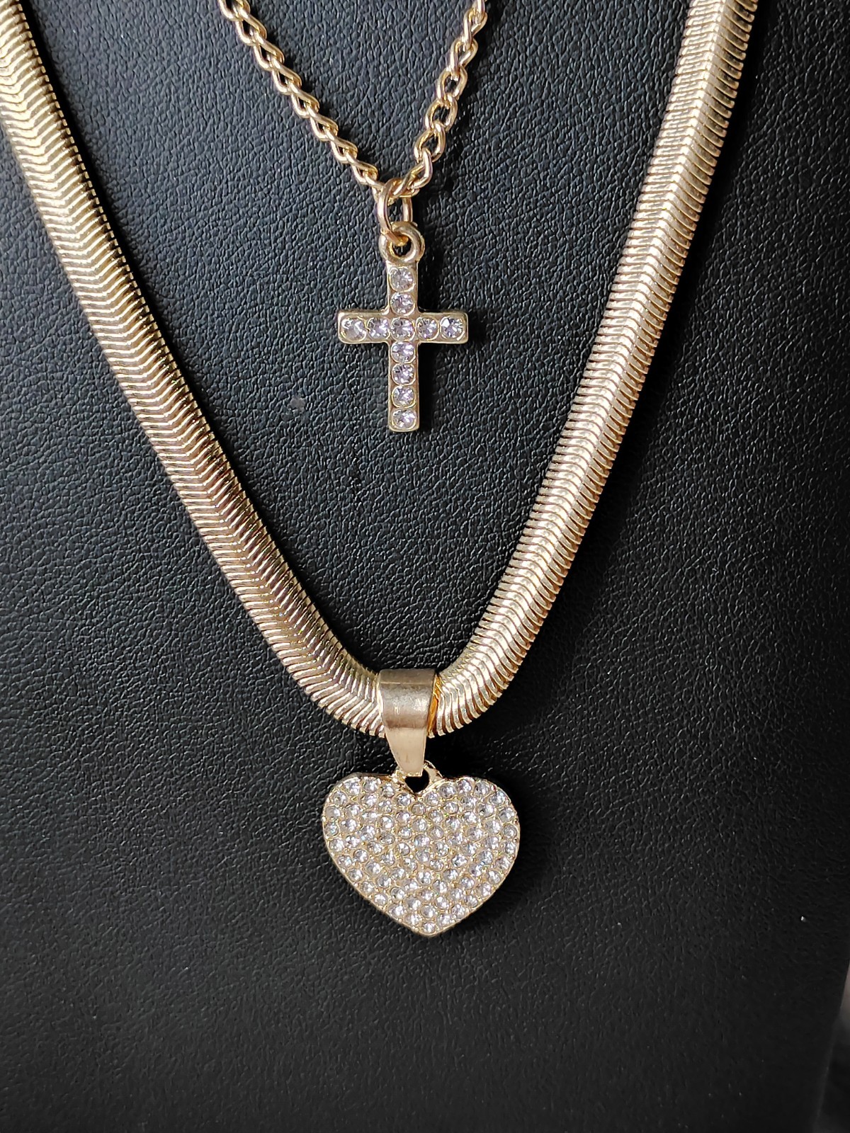 Gold Tone Layered Necklace Set Herringbone Chain Pavé Heart & Cross Pendants