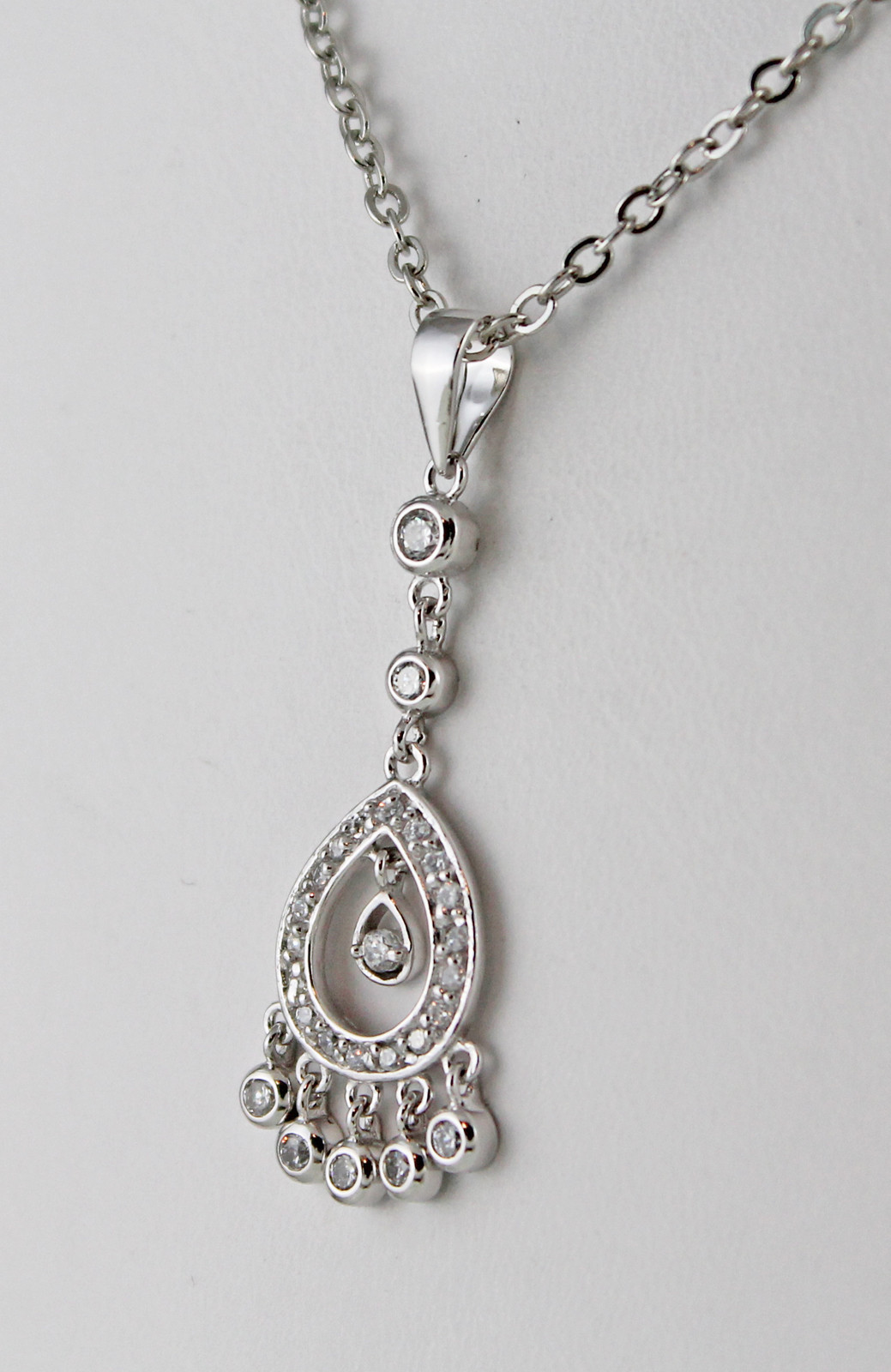 Open Teardrop 16X12mm w/ 26 CZs Necklace Sterling 18+2″ Rhodium Plated Chain