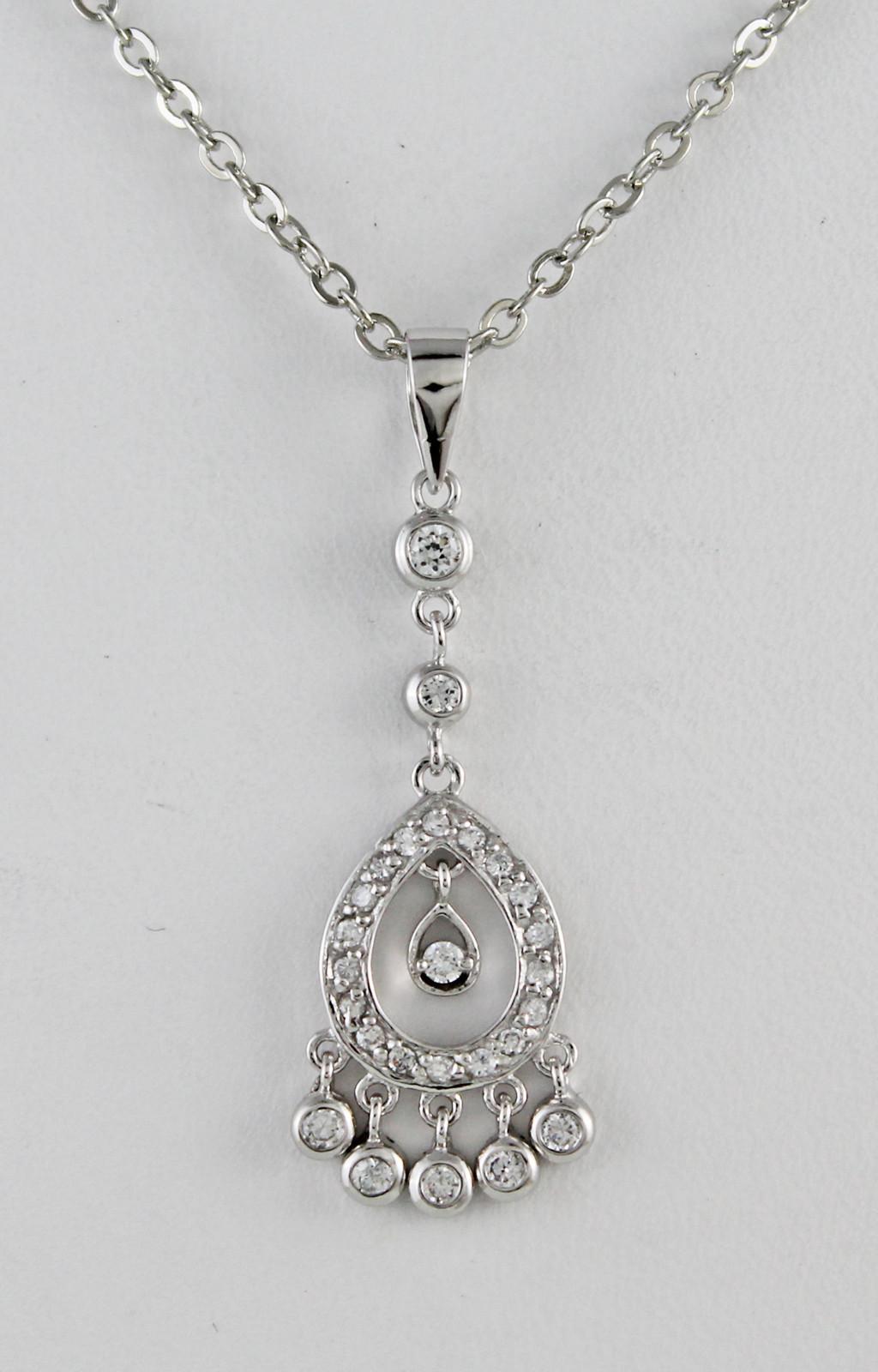 Open Teardrop 16X12mm w/ 26 CZs Necklace Sterling 18+2″ Rhodium Plated Chain