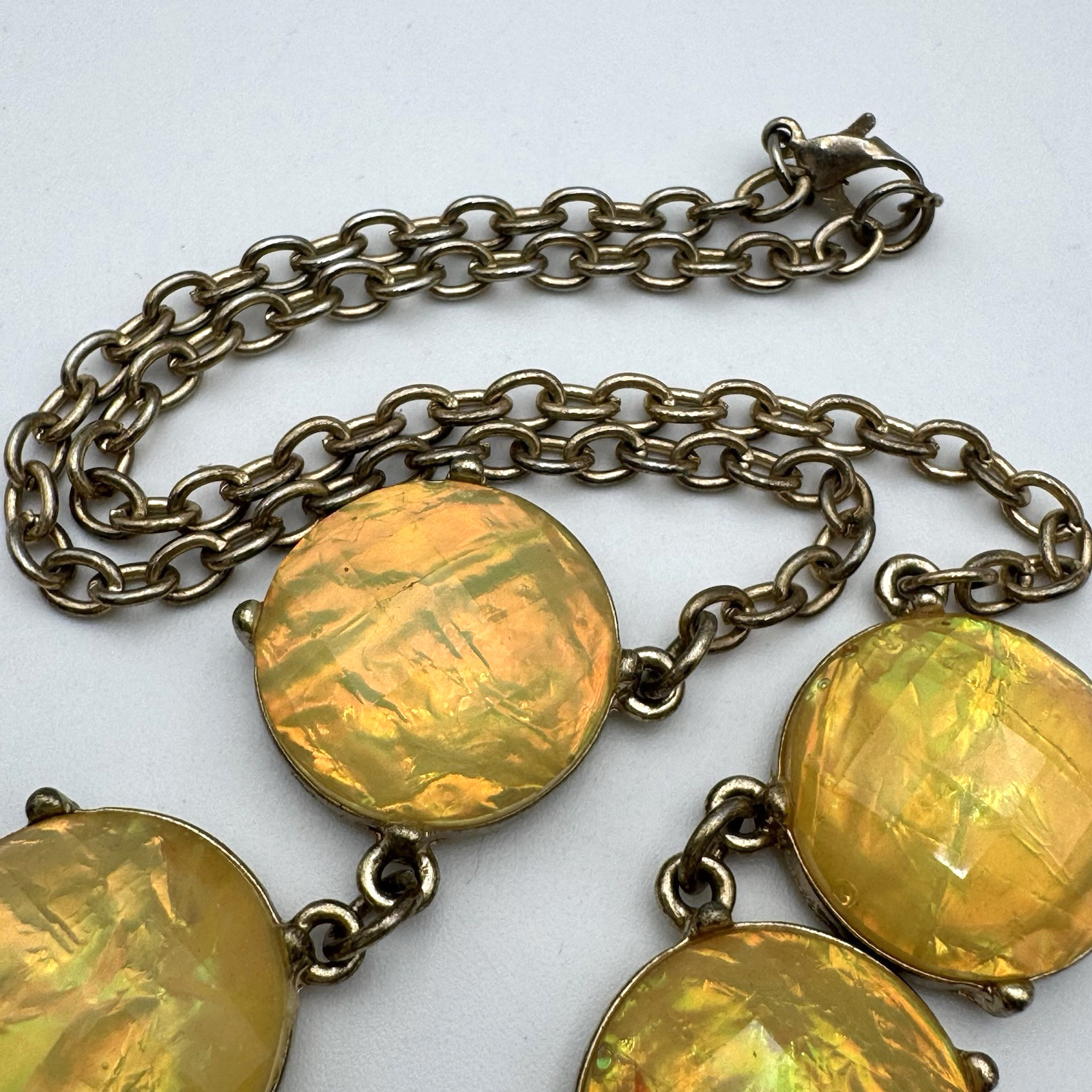 Yellow Statement Necklace Gold Tone Round Bezel Prong Faceted Foiled Beads 17.5″
