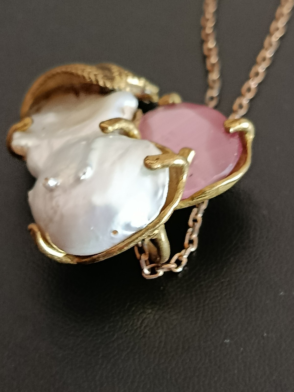 Laura Nocco Baroque Pearl Cat’s Eye Heart Bronze Pendant Signed Italy Rare Art