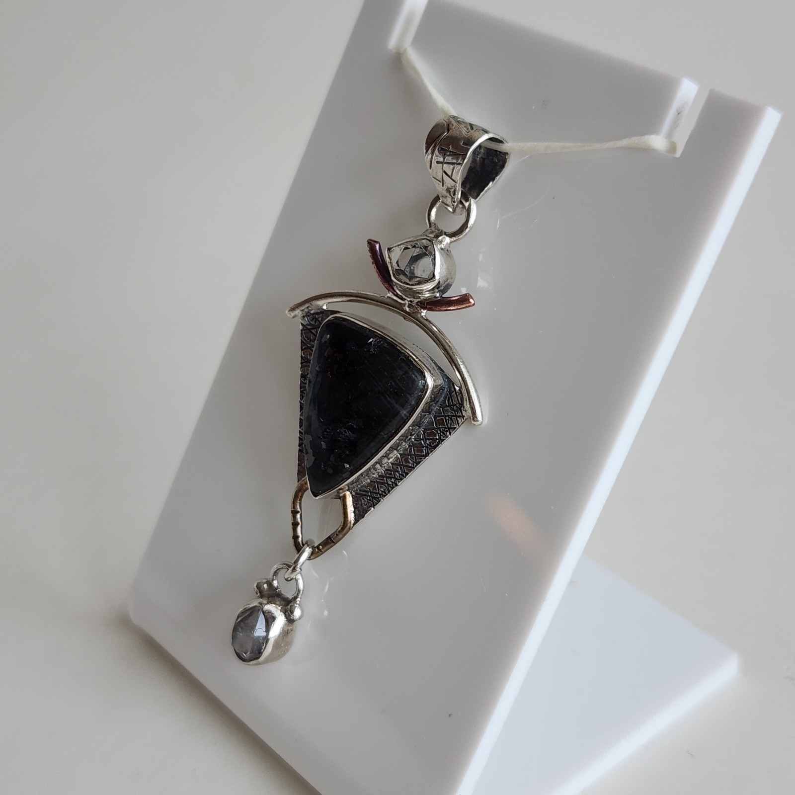 Sterling Silver Black Moss Agate Pendant 925 Artisan Mixed Metal 5.3g