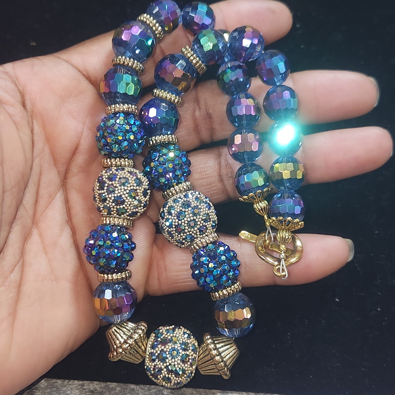 Blue Aurora Borealis Crystal Bead Necklace Gold Tone Pave Disco Ball 16 Inch