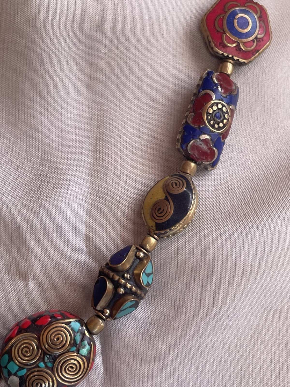 Multicolor Brass Semi Precious stones Inlay Work Nepal Bead Necklace 18” Length