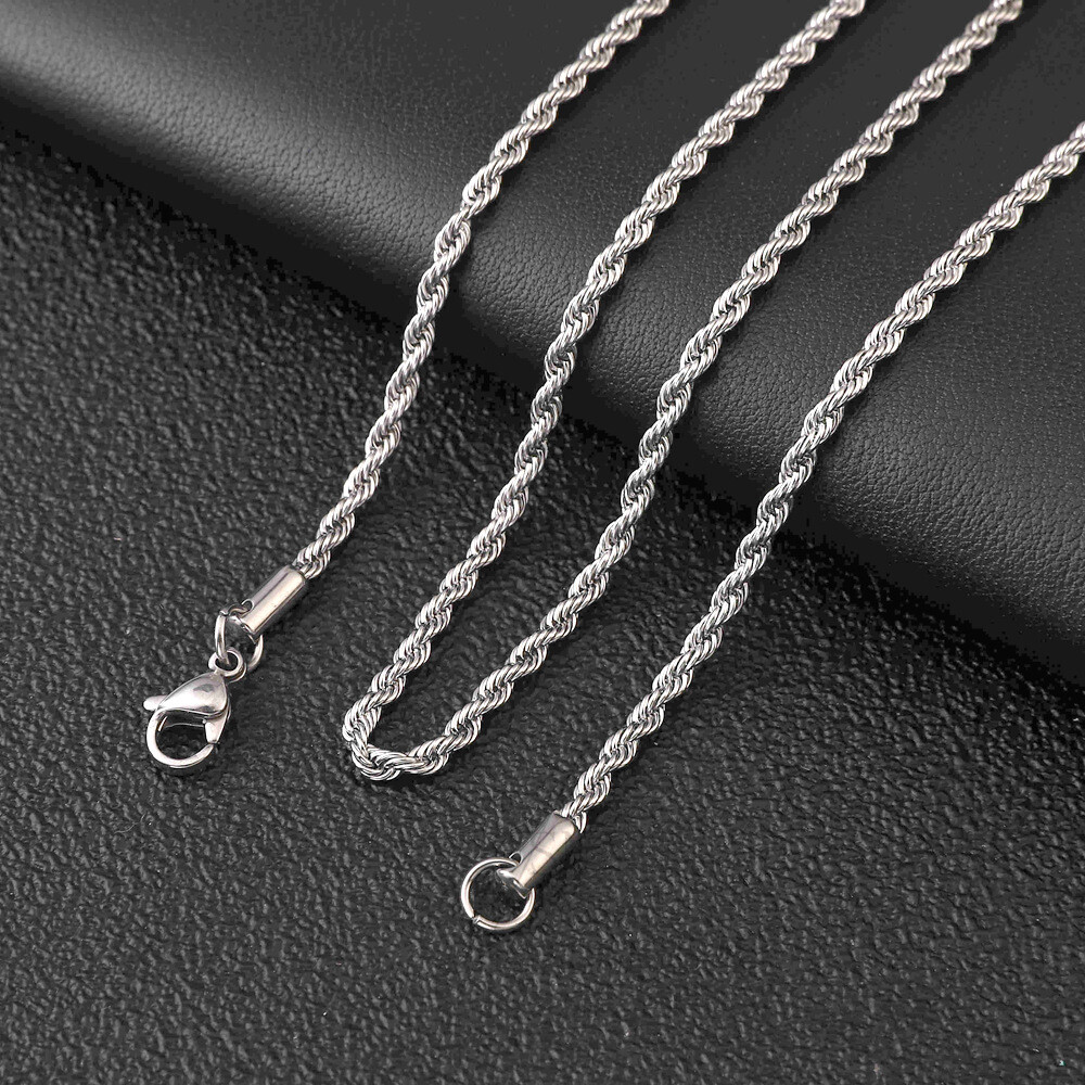 Silver Rope Chain Necklace Stainless Steel Men Women 2/2.5/3/4/5/6/7mm