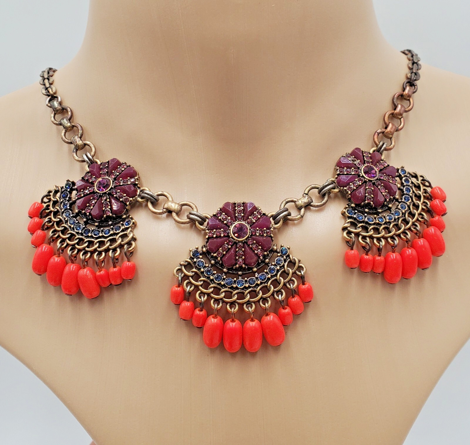 J Crew Necklace 18in +3 Brass Tone Neon Orange Bead Purple Crystals READ Flaw