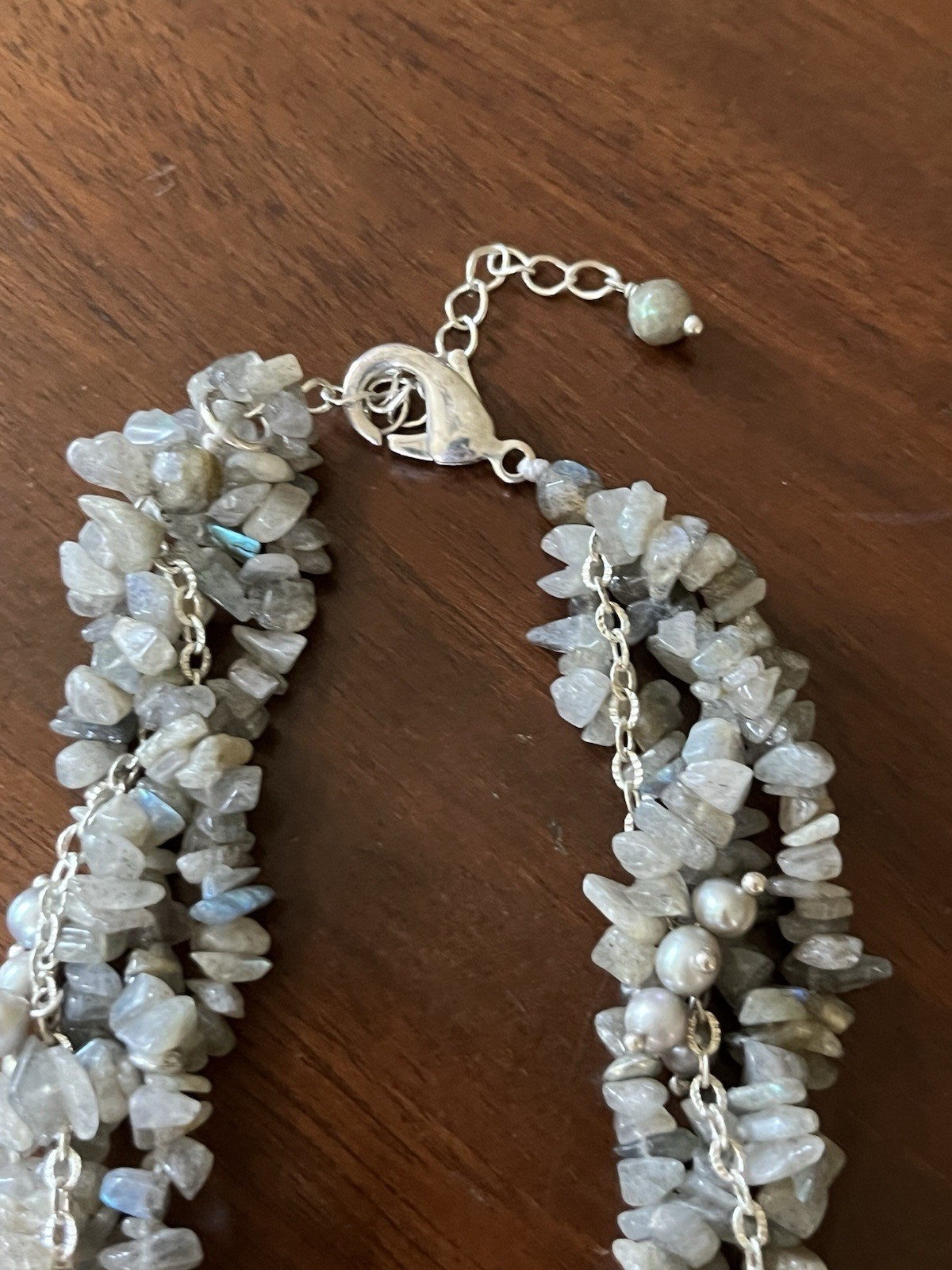 Labradorite and Pearl Statement Necklace 16″ – Beaded Collar Multi Strand Twist