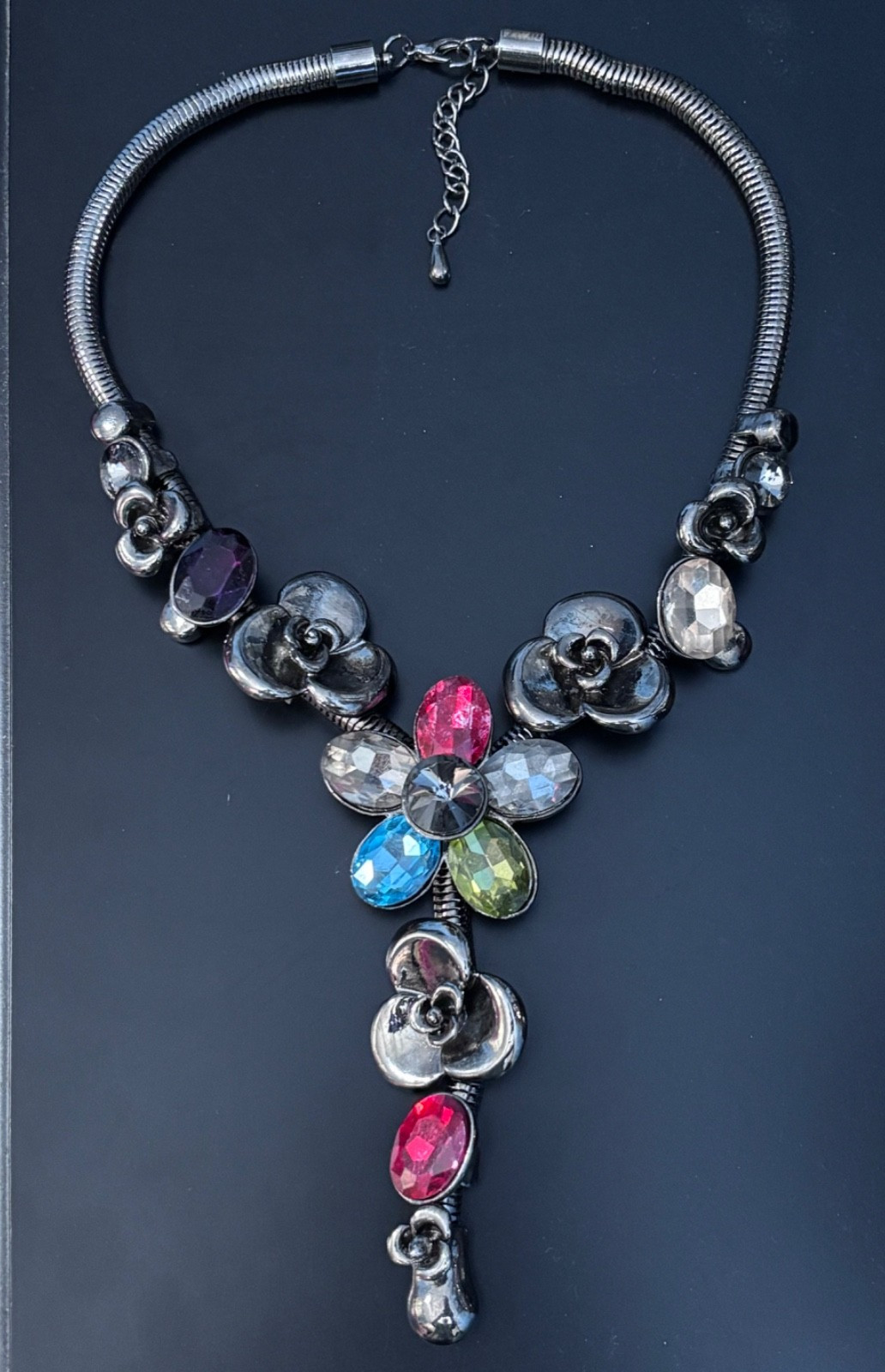 VTG Gunmetal Gray Snake Chain Choker Floral Statement Necklace Multicolor Stones