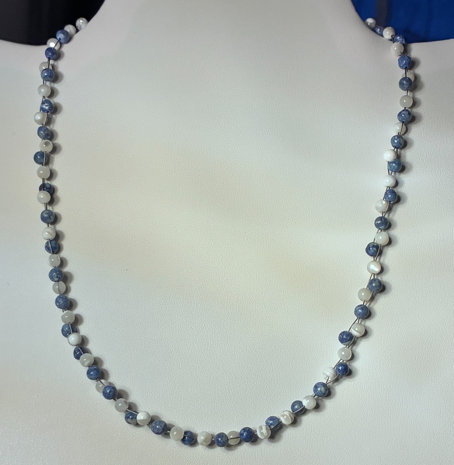 Boho Sodalite Blue & White MOP 2-strand Woven Necklace Chocker 16″-19″ Adj,