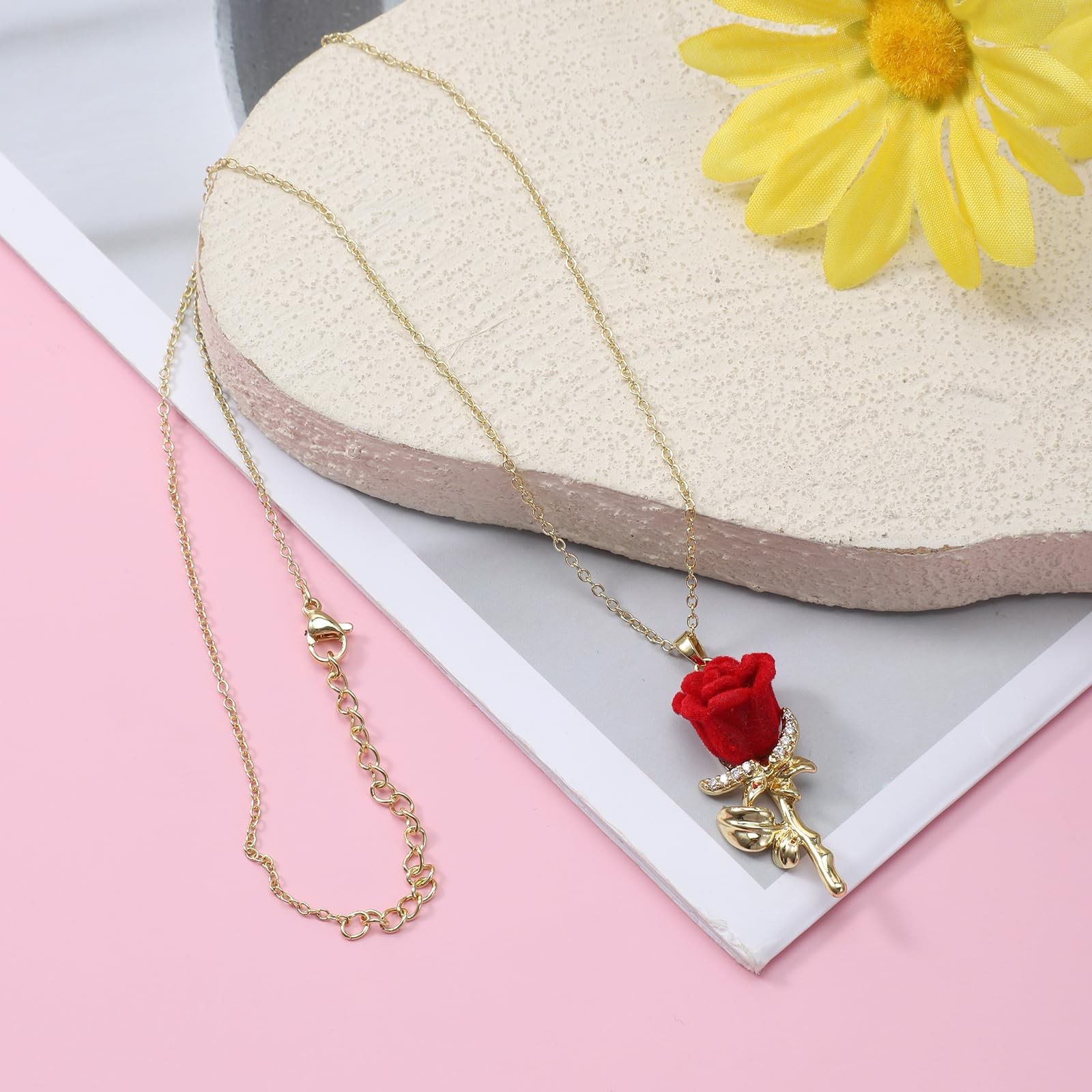 Valentines Day Gift Red Rose Necklace for Women Dainty Gold Flower Gift
