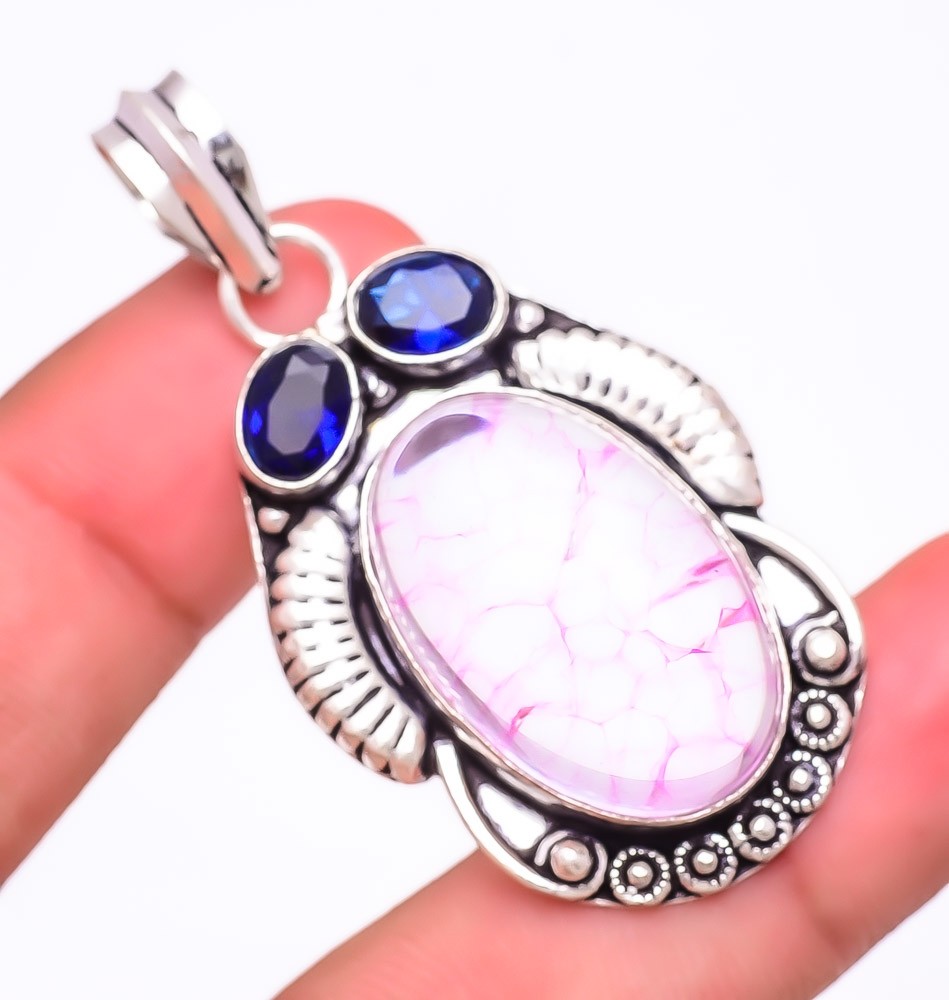Pink Crack Crystal & Sapphire (Lab-Created) 925 Silver Plated Pendant 2.2″ F76