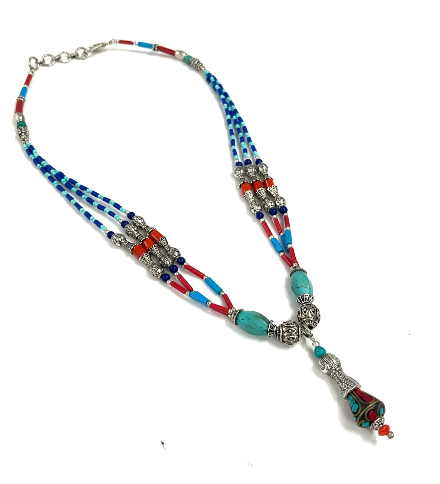 Nepalese Turquoise Coral Gemstone Tibetan Boho Necklace Jewelry, 18 inch Adj