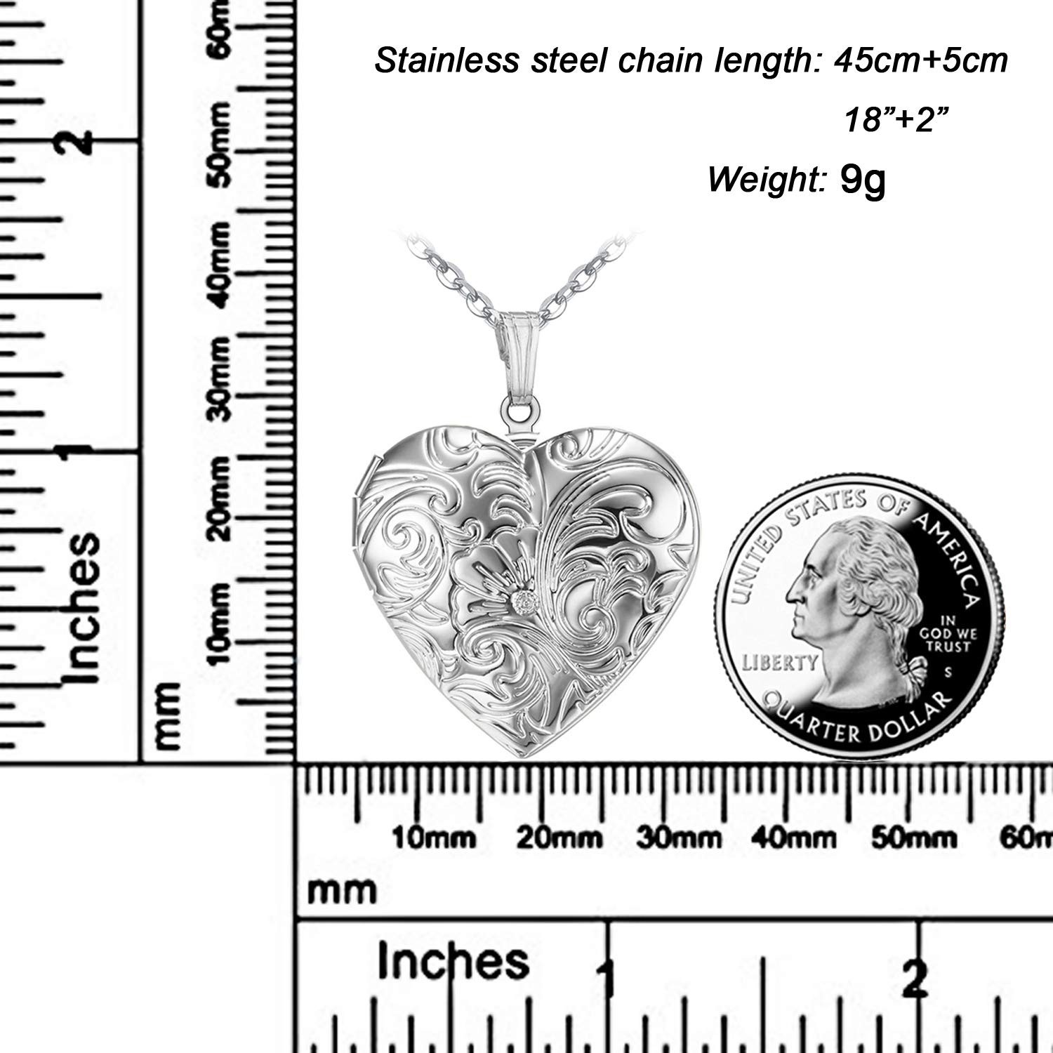 Locket Necklace that Holds Pictures Flower Lockets 50cm, Silver Heart