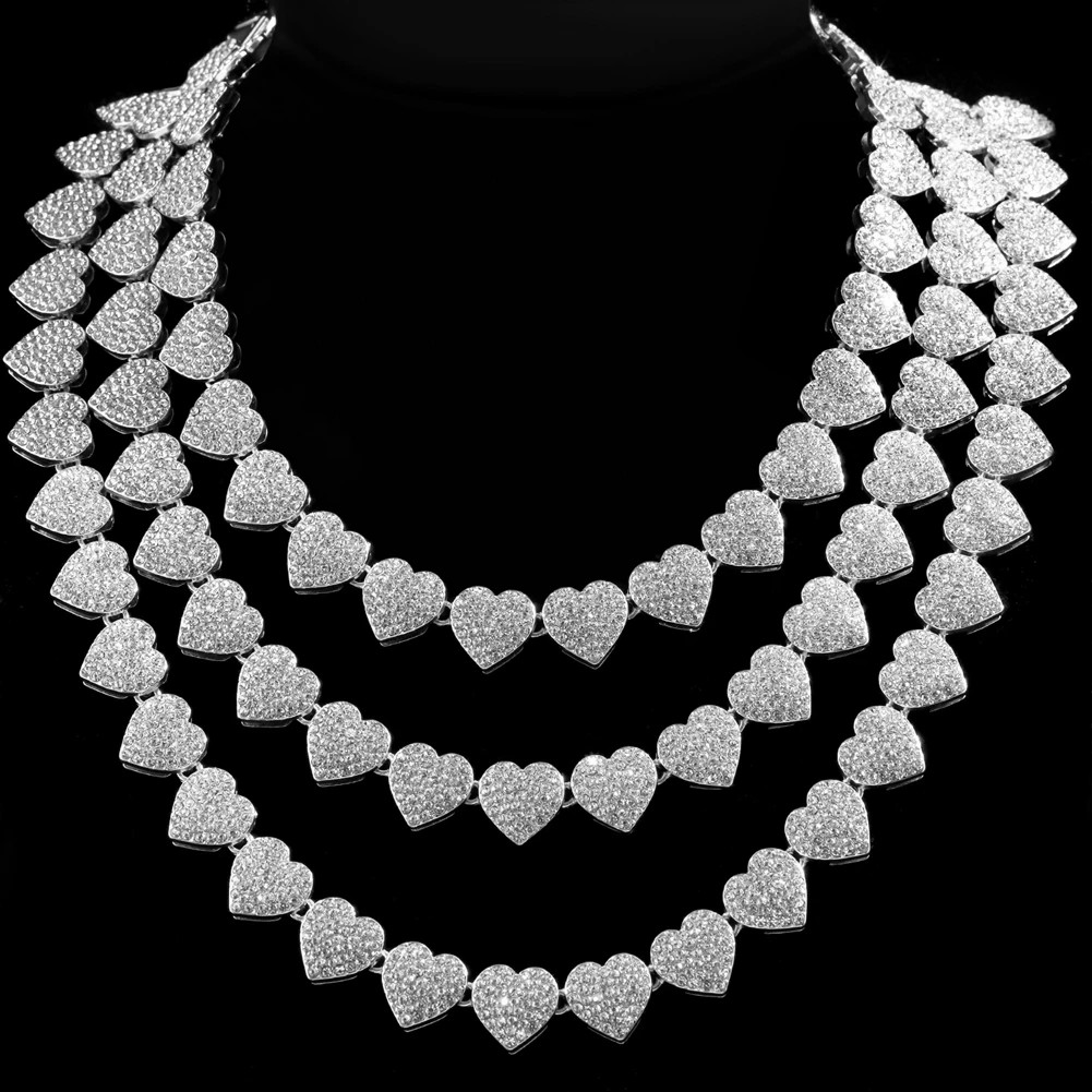 Diamond Paved Crystal Heart Cuban Link Chain Necklace for Women Hip Hop Iced Ou