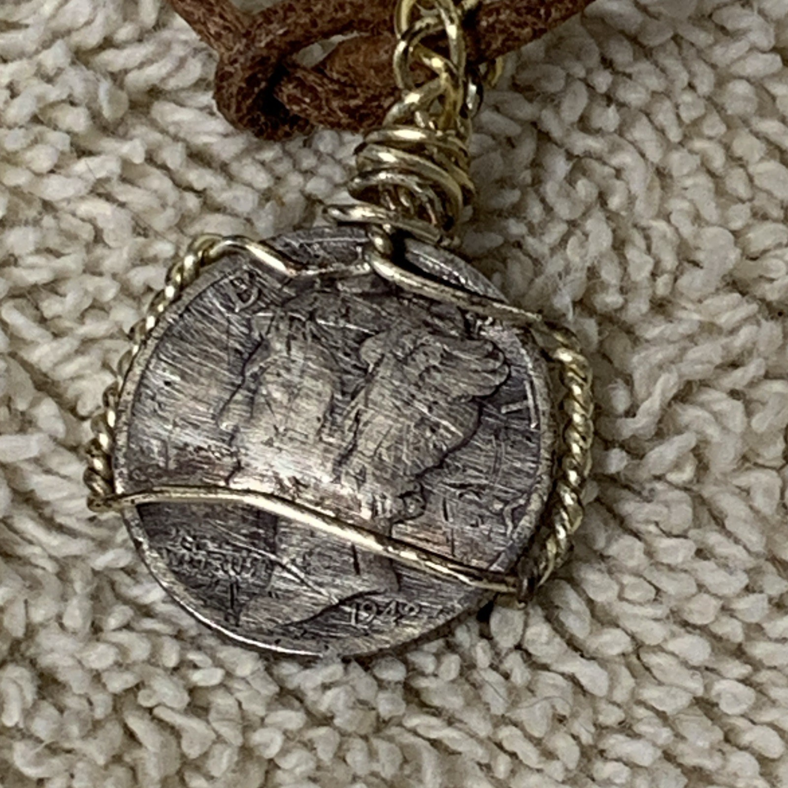 Wire Wrapped United States One Dime Coin Pendant Necklace Brown Leather Cord